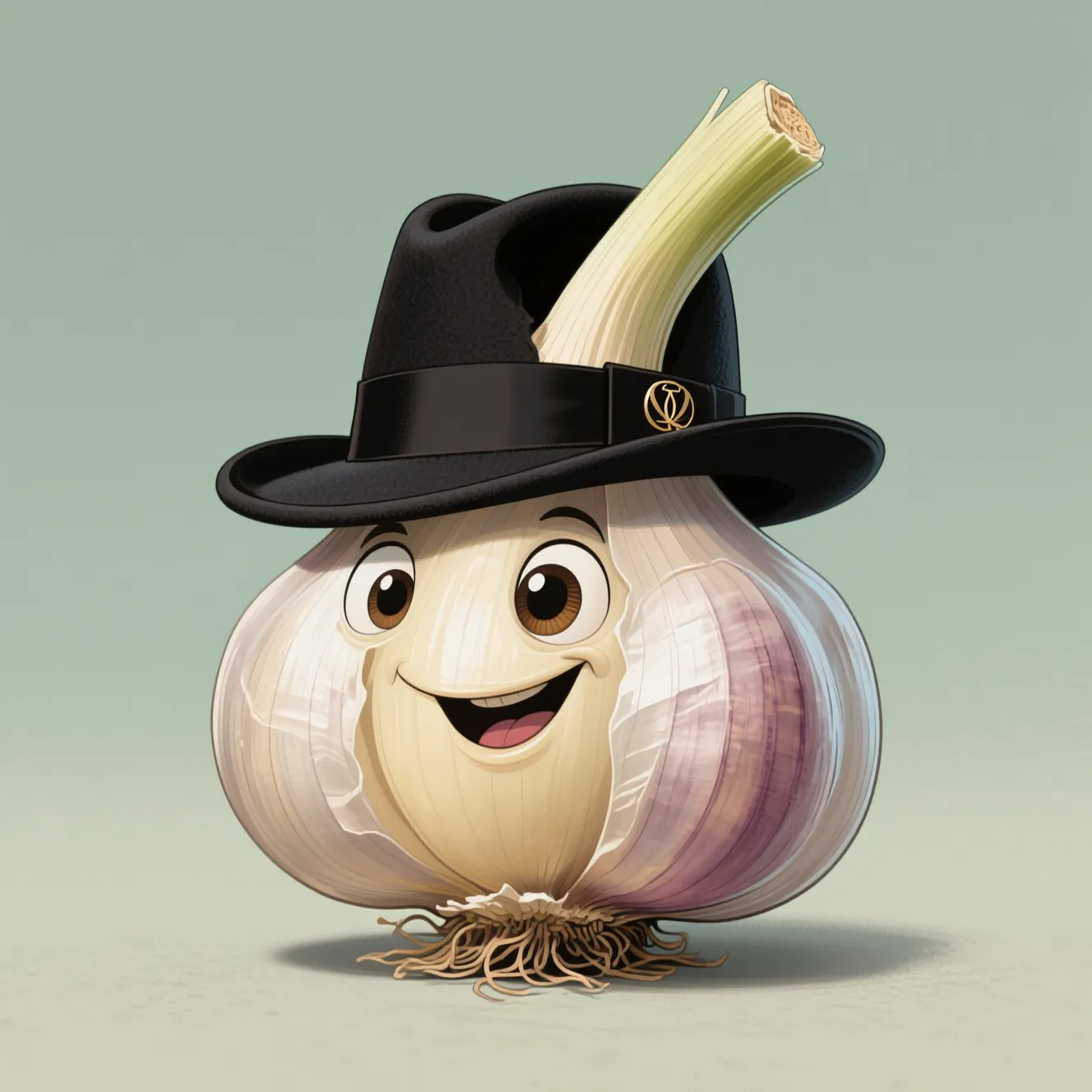 A CHARICATURE OF A GARLIC CLOVE WEARING A HIGH END ITALIAN FEDORA WITH THE TIP OF THE GARLIC CLOVE COMING THROUGH THE TOP SIDE OF THE HAT